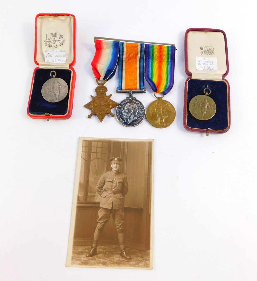 A Great War medal trio, named to SJT G Benstead, King Edward's Horse, 668, comprising 1914-15