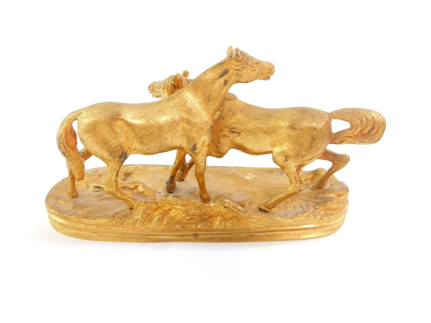 After Pierre-Joules Mene (French 1810-1879). An ormolu figure group of a pair of horses raised on - Image 2 of 3