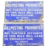 A pair of enamel signs, marked BILL POSTING PROHIBITED, ANY FURTHER DEFIANCE OF THIS RULE WILL