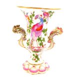 A Chelsea type porcelain vase, of twin handled baluster form, painted with exotic birds, the base