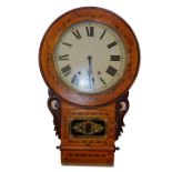 A Victorian walnut and marquetry inlaid drop dial wall clock, circular enamel dial bearing Roman