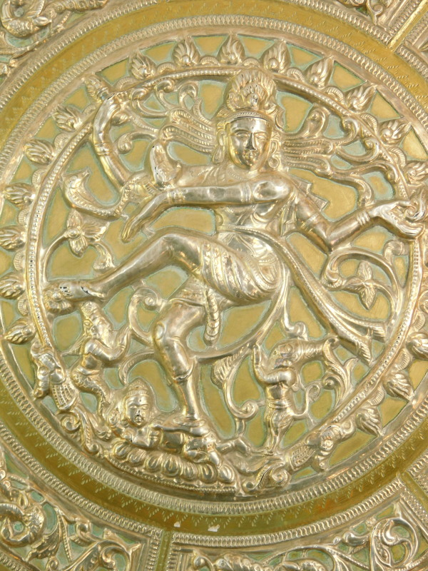 An Indian brass and damascene circular dish, embossed with a Hindu deity surrounded by panels of - Image 2 of 5