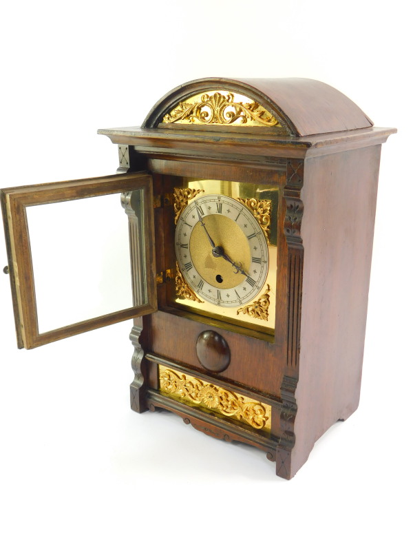 A French early 20thC oak cased mantel clock, square brass dial with foliate spandrels, silver - Image 3 of 8