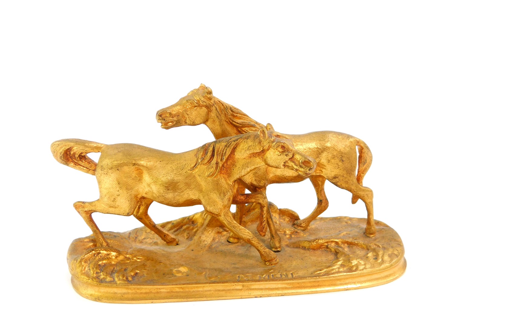 After Pierre-Joules Mene (French 1810-1879). An ormolu figure group of a pair of horses raised on