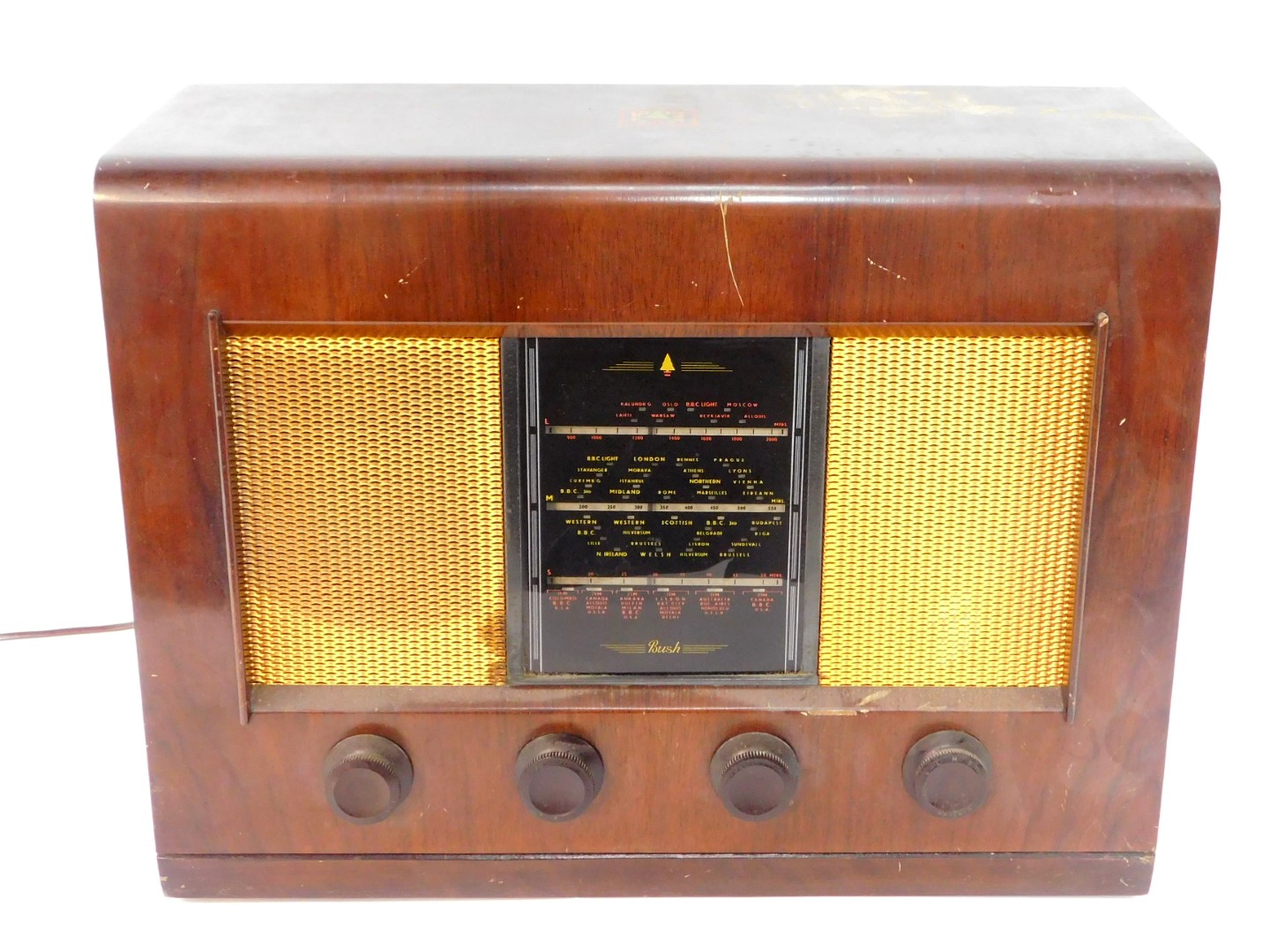 A Bush AC receiver radio type ACII, walnut cased, with Bakelite knops, 50cm wide.