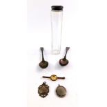 A Victorian cut glass hat pin jar with silver lid, Birmingham 1900, two Continental metal teaspoons,
