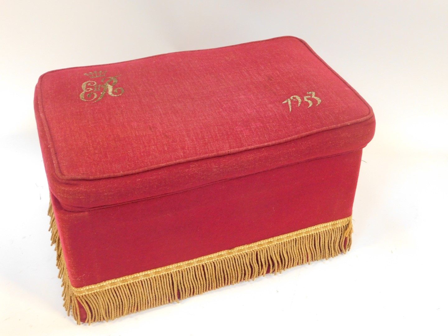 A 1953 Coronation stool, for Queen Elizabeth II, of rectangular section with red fabric, stitched