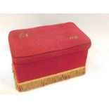 A 1953 Coronation stool, for Queen Elizabeth II, of rectangular section with red fabric, stitched