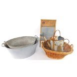 Two galvanized wash tubs, watering can with rose, wicker basket and wash board marked The Globe
