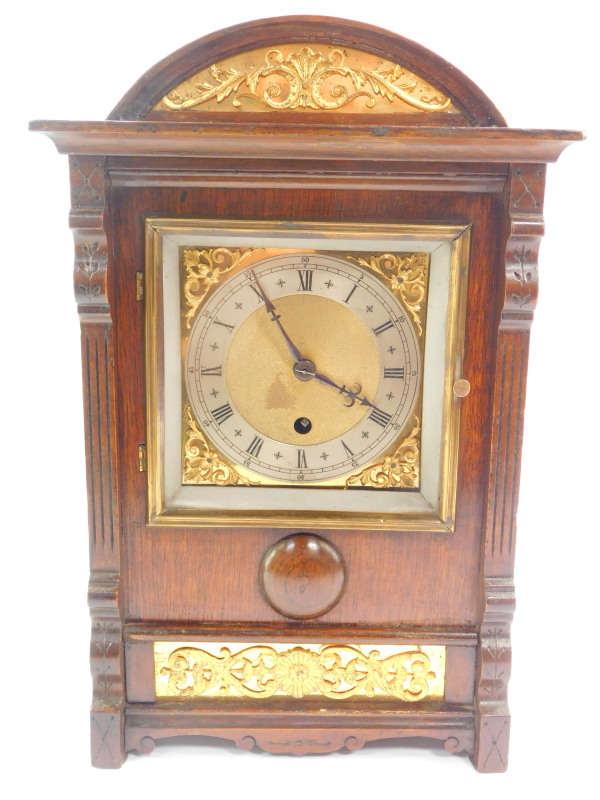 A French early 20thC oak cased mantel clock, square brass dial with foliate spandrels, silver - Image 2 of 8