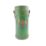 A Victorian green leather fire bucket, bearing the Royal coat of arms, with leather carrying handle,