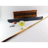 A Riley snooker cue, billiard score board, balls, chalk and a glass preserve jar and cover.