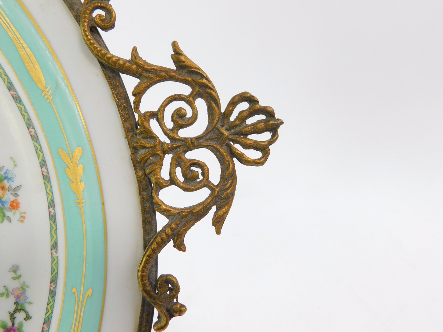 A Limoges porcelain and brass mounted circular dish, printed with flowers and birds against a - Image 2 of 5