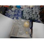 Cut table glassware, pair of crystal candle holders, cut glass candlesticks, condiments,