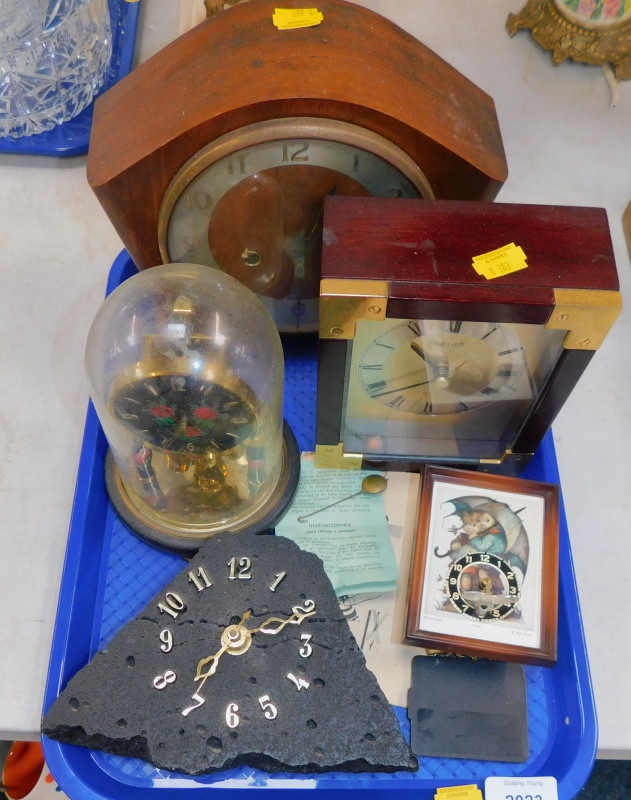 A Smiths oak cased mid 20thC mantel clock, Seiko Quartz mantel clock, Elo anniversary clock under