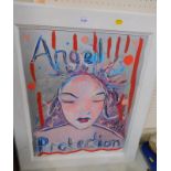 A modern oil painting 'Angel Protection', framed, 57cm high, 45cm wide.