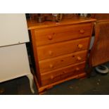 A pine chest of four drawers, raised on ogee bracket feet, 90cm high, 76cm wide, 45cm deep.