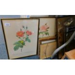 Botanical prints after Redoute, framed pressed leaves, wool work pictures, etc. (a quantity)