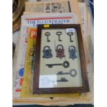 Replica keys and locks, fronting a key cupboard box, printed ephemera., Stamford in Fifty