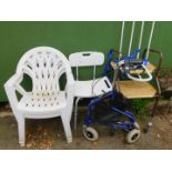 Mobility aides, together with two plastic garden chairs. (6)