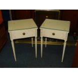 A pair of Butilux French style cream painted bedside tables, each with single drawers, raised on