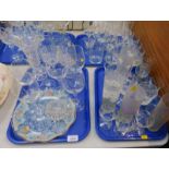 Assorted glassware, including a Fiesta glass dish, four floral decorated frosted glass water