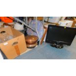 Two copper warming pans, two chamber pots, a coal bucket, rectangular marble slab, an AKURA TV/