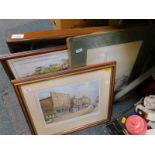 A Japanese early 20thC silk work picture of a landscape, oak framed, oil on canvas, still life of
