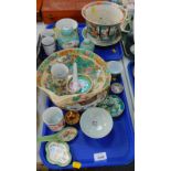 Oriental ceramics, including a Japanese Satsuma shell shaped bowl, famille verte jardiniere on