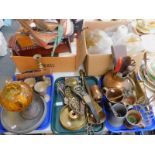 Copper and brass ware, including horse brasses and Victorian tankards, a cast iron table cannon,