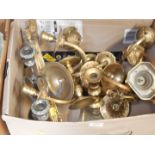 Brass candlesticks, brass effect wall sconces and light fittings, plated candelabrum (1 box).