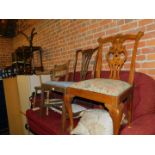 A George II walnut dining chair, a Georgian mahogany chair, and a 19thC oak and elm bar back