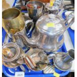 Plated wares including a teapot, covered jug, tankards, vesta case, and pocket knives, brass ware,