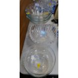 Three contemporary glass fruit bowls, fluted bowl, further bowls, etc. (8)