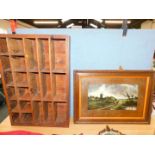 A nest of pine pigeonhole shelves, and a pair of prints After J W Gossard.