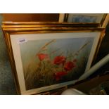 A woolwork still life of flowers, prints of flowers, embroidery frame, etc. (a quantity)
