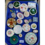 Porcelain and enamel miniature boxes, bowls and covers and dishes (1 tray).