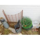 Hanging baskets, fire guard, two coal scuttles, galvanised feed and a name plate. (a quantity)