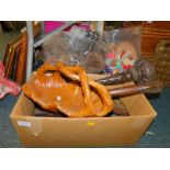 Dolls and toys, wooden carvings and fir cones (2 boxes and 2 bags).