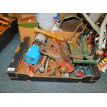 A camping gas light, painted cast iron hopper, assorted hand tools, CD's, picnic wares, etc. (2
