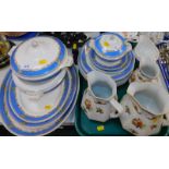 A Bristol pottery part dinner service decorated with fruit, three graduated pottery water jugs,