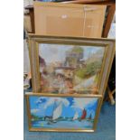 Framed woolwork embroideries, print of Boulter's Lock, Dicken's characters, tapestry, gilt wall