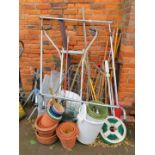 Garden tools, plastic and terracotta plant pots, etc. (a quantity)
