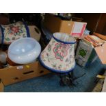 Assorted table lamps, picture frames, treen a bed tray, rolls of wall paper paints, maps, etc. (3