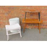 Two 1960's vintage coffee tables, together with a LLoyd Loom linen basket, and a Lloyd Loom saddle