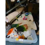 A wool rug, Whittard mugs, shooting stick, assorted kitchenalia, wall crockery, etc. (1 box)