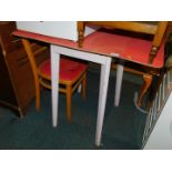 A 1950's formica topped drop leaf kitchen table, 76cm high, 90cm wide, 50cm deep., together with a