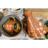 Copper and brass ware, including a jam pan, jugs, etc.