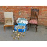 A brass eight branch chandelier, nursing chair, oak barley twist dining chair, stool and a walnut