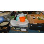 Assorted Tupperware, glass storage jars, mats, frames, playing cards, kitchenalia, etc. (4 boxes)